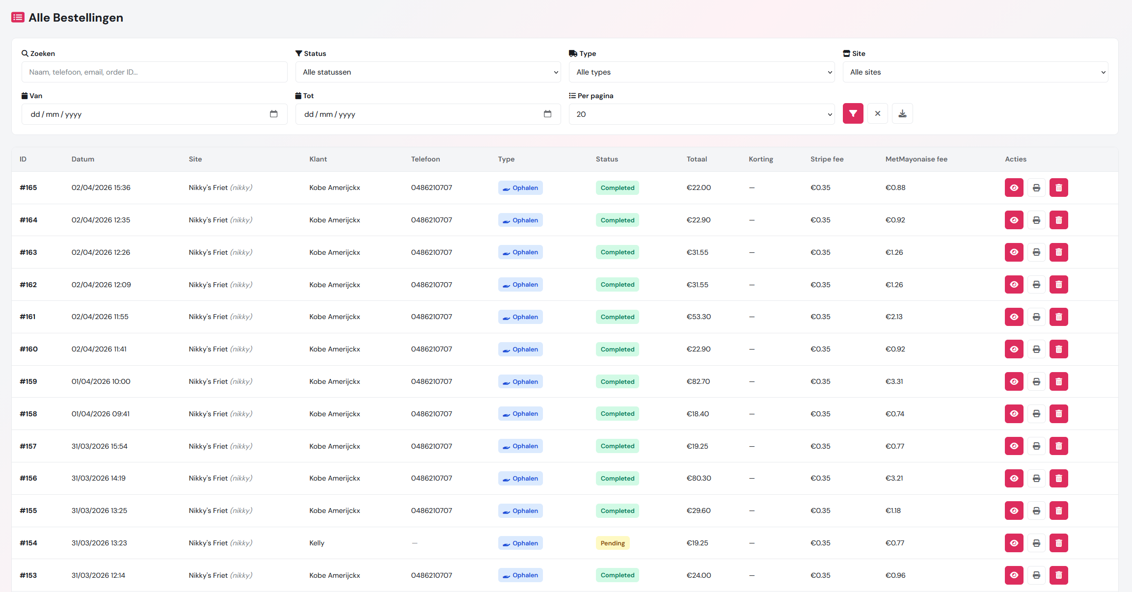 Alle bestellingen — zoeken, filteren en CSV-export